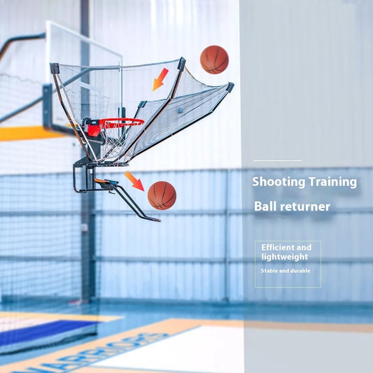 Automatic basketball training ball return with adjustable height mechanism hanging on hoop