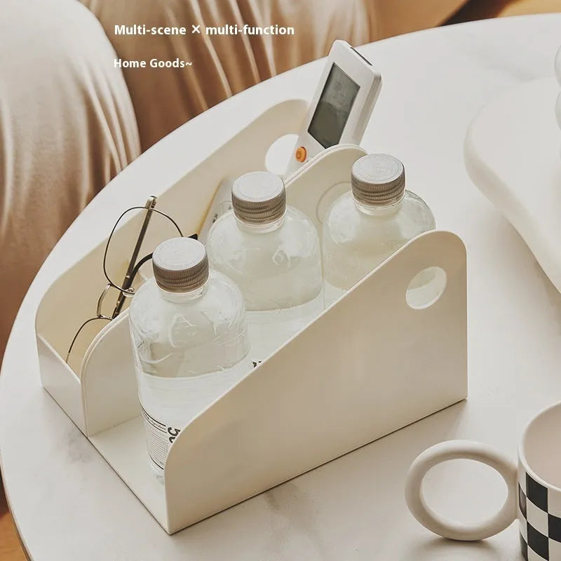 Two-tier plastic desktop storage box in milk coffee colour, dimensions 14.5x17x22cm