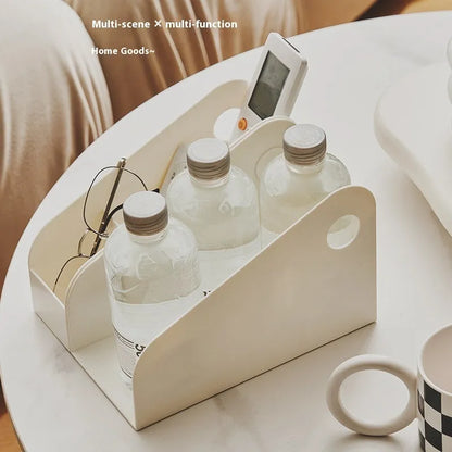 Two-tier plastic desktop storage box in milk coffee colour, dimensions 14.5x17x22cm