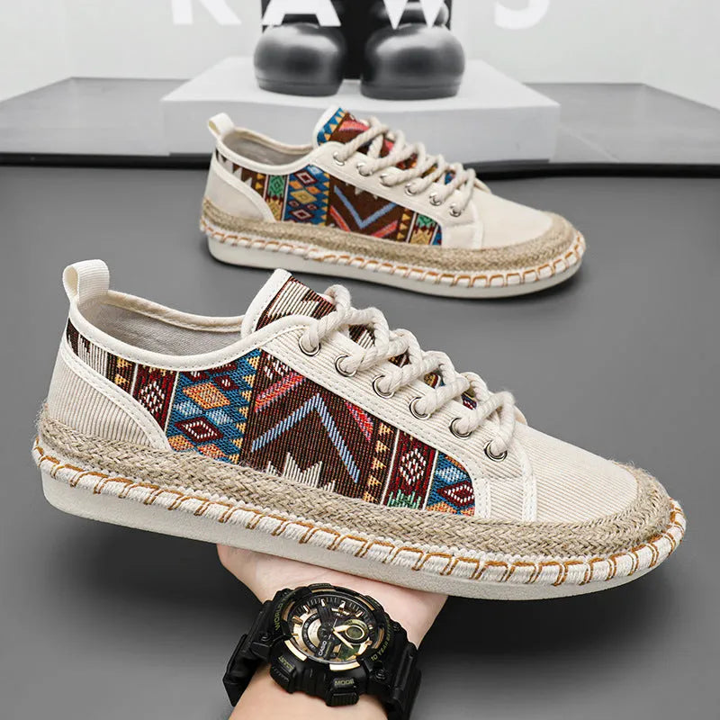 Men's black and beige cloth casual summer shoes with round toe design