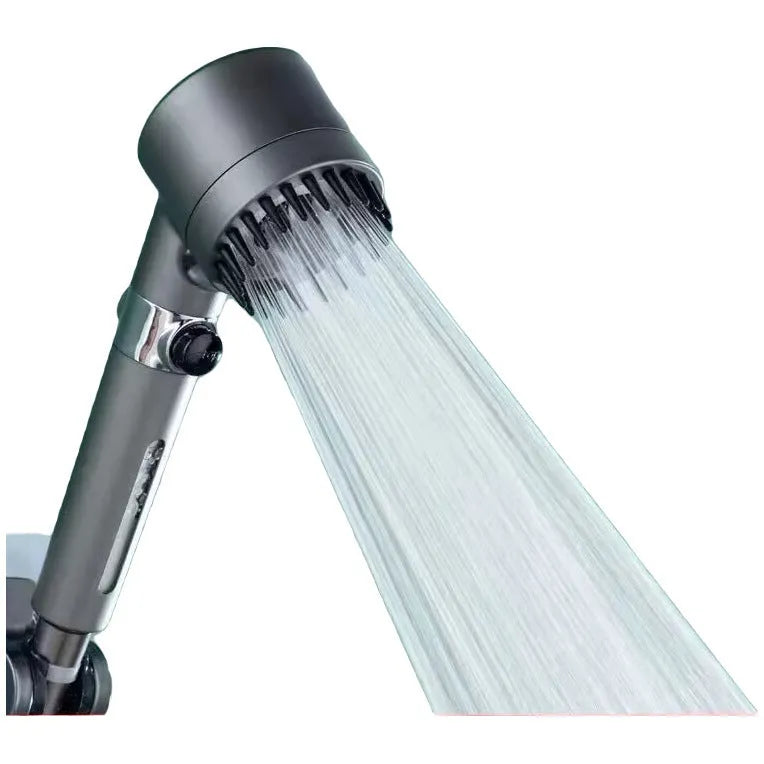 Portable handheld ABS plastic massage shower head with three spray mode settings on a white background.