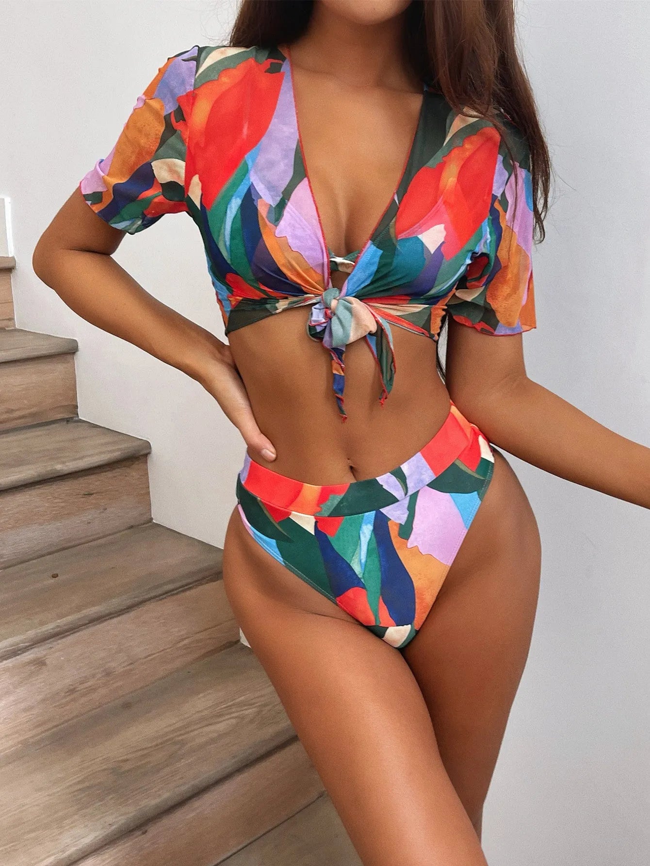 Red printed women's split swimsuit with nylon fabric for swimming and water sports