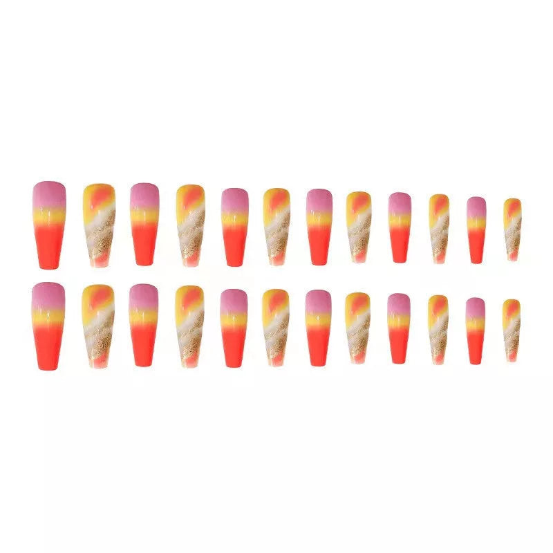 Rainbow gradient fake nails with marble pattern, long and pointed design