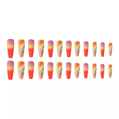 Rainbow gradient fake nails with marble pattern, long and pointed design