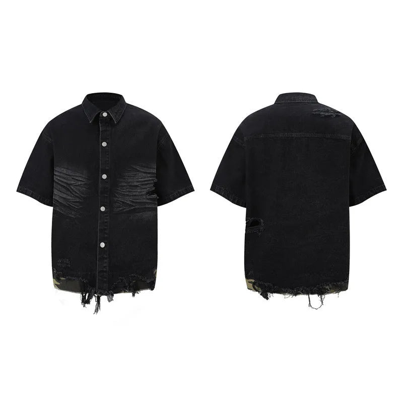 Men's black denim short sleeve suit with leopard print and cut edge stitching, paired with matching shorts.