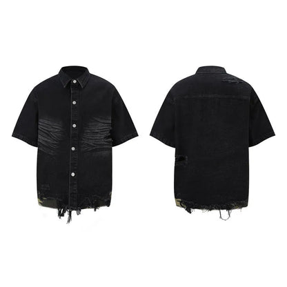Men's black denim short sleeve suit with leopard print and cut edge stitching, paired with matching shorts.