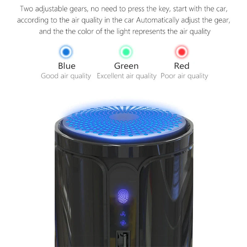 Compact car air purifier in black, reducing 99.9% of allergens with HEPA technology