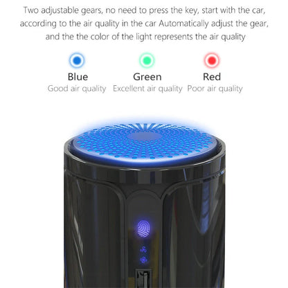 Compact car air purifier in black, reducing 99.9% of allergens with HEPA technology