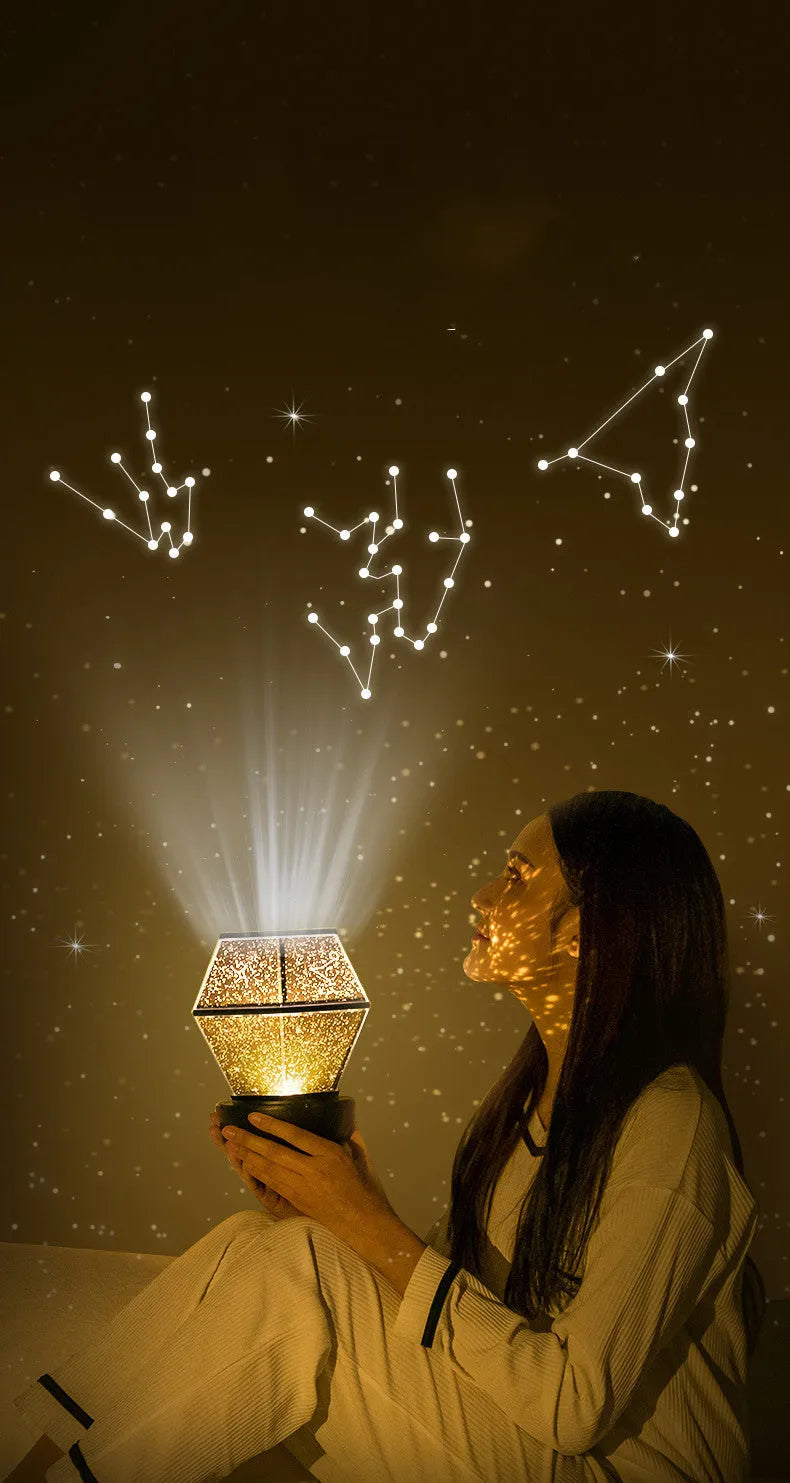 Children's rotating star night light projecting coloured starlight patterns on a bedroom wall.