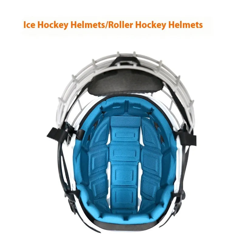 Ice Helmet Ball Lawn Hockey Head Protection: Impact-resistant PP shell with cushioned EVA lining and carbon steel face mask for head safety in ice hockey, ball hockey, and other sports.