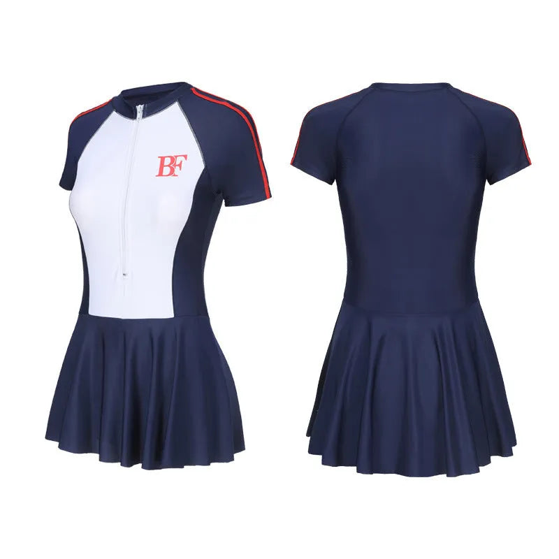 Women's conservative one-piece sports swimsuit in a tight fit, shown in colour E92 or E93.