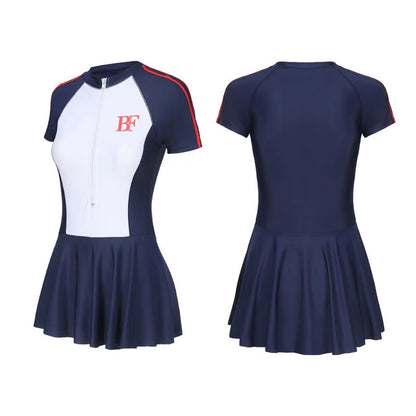 Women's conservative one-piece sports swimsuit in a tight fit, shown in colour E92 or E93.