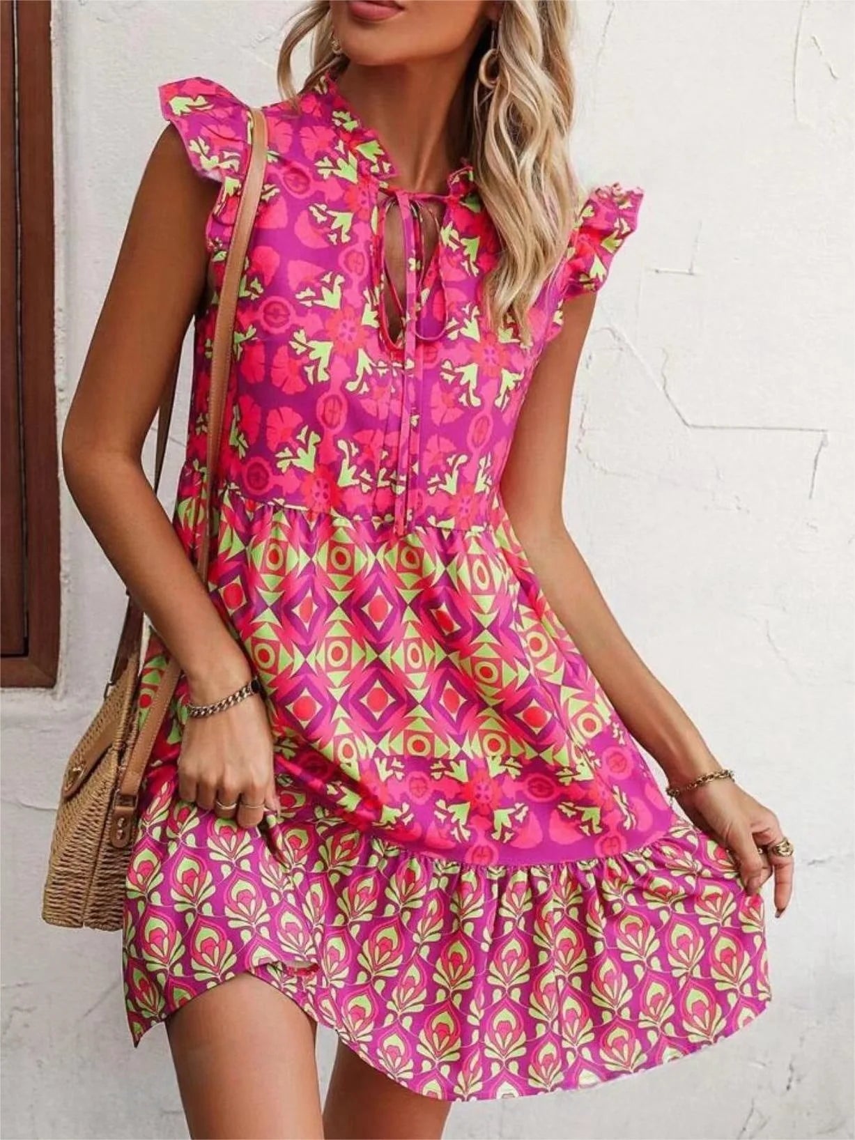 Printed sleeveless V-neck lace-up summer dress in rose red