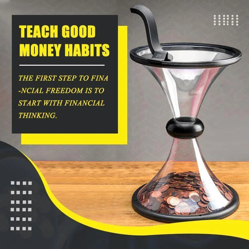 Transparent vortex piggy bank with coins spiraling down, fun and educational
