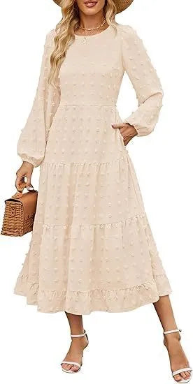 Autumn long sleeve dress with ruffled sleeves and high waist design in various colour options