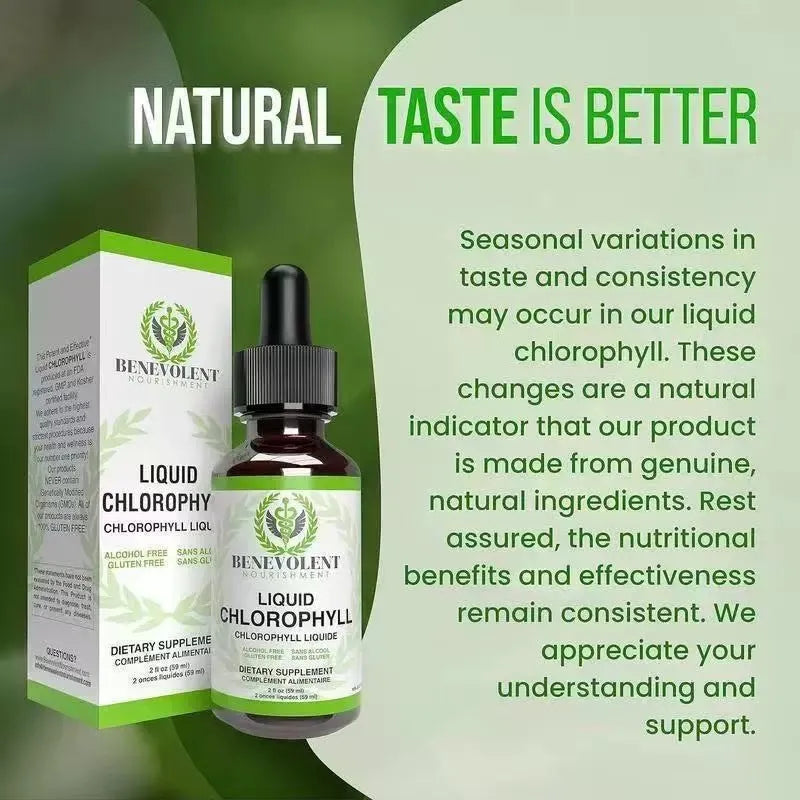 60ml glass bottle of natural green liquid chlorophyll drops for intestinal care and body odour support.