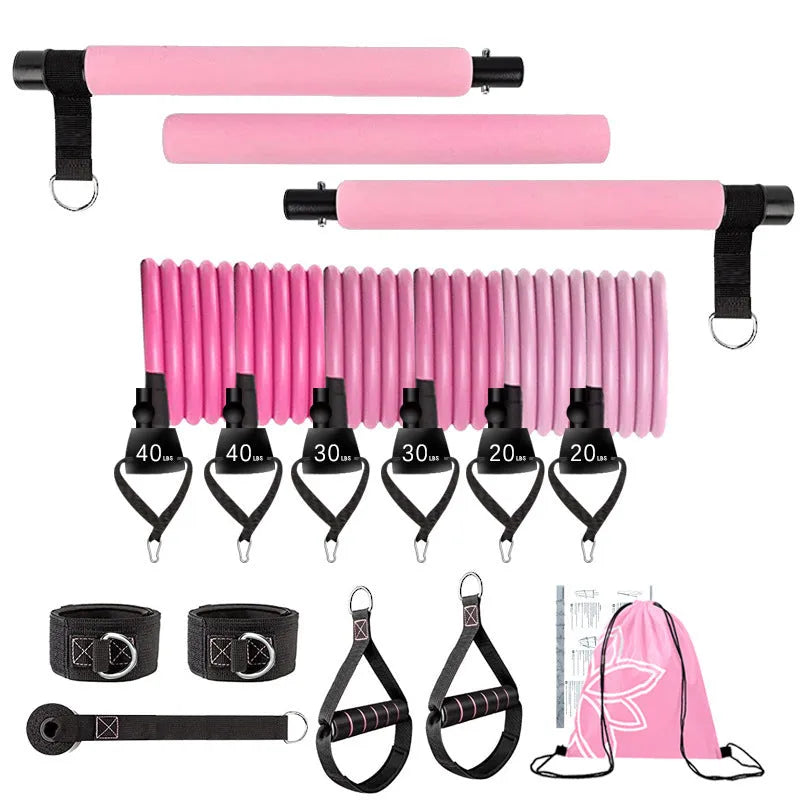 TPE rope stretch fitness stick 11-piece set in pink, purple, and black colours with adjustable resistance