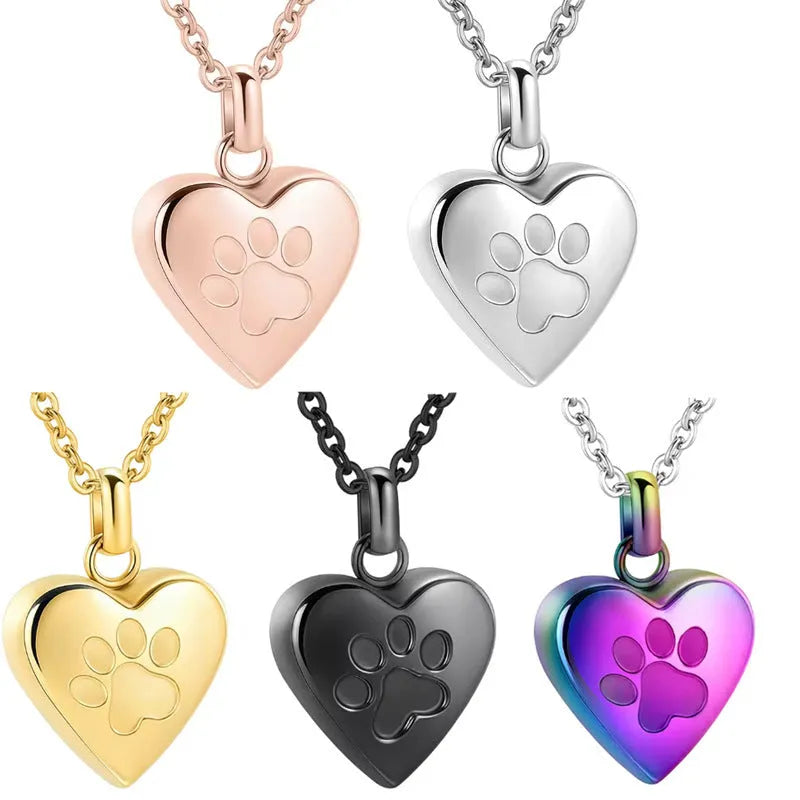 Simple Love paw print heart-shaped titanium steel cinerary necklace openable for keepsakes in five colours