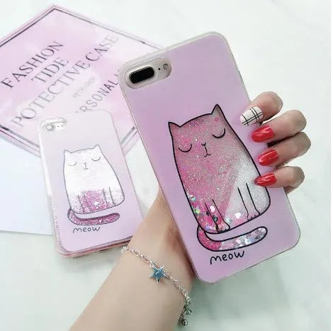 Cat phone case with glitter accents for iPhone, showing feline design and port cutouts