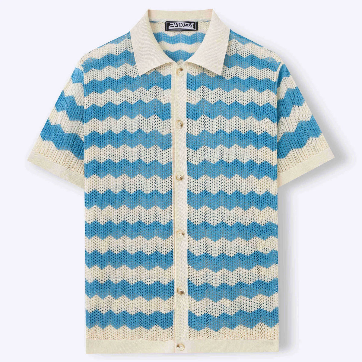 American-style hollow jacquard corrugated sweater with short sleeves and flocking detail in blue colour