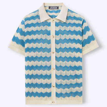 American-style hollow jacquard corrugated sweater with short sleeves and flocking detail in blue colour