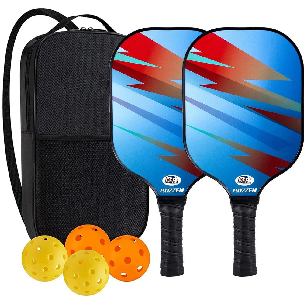 Peak Racket fibreglass squash set showing two rackets and four balls for complete playing equipment