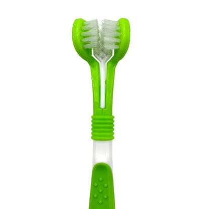 Green pet toothbrush set with three-head dog toothbrush and silicone finger brushes