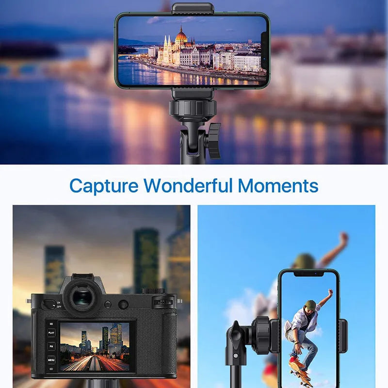 Black aluminium selfie stick tripod with telescopic sections extended