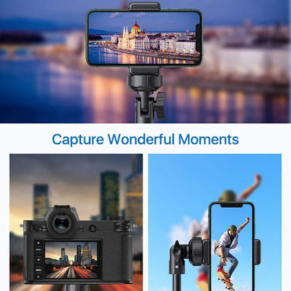 Black aluminium selfie stick tripod with telescopic sections extended
