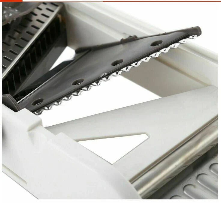 A versatile vegetable chopper with adjustable slicing, shredding, and waffle-cutting blades made of food-grade materials