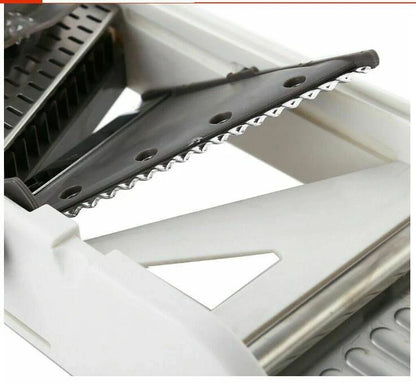 A versatile vegetable chopper with adjustable slicing, shredding, and waffle-cutting blades made of food-grade materials