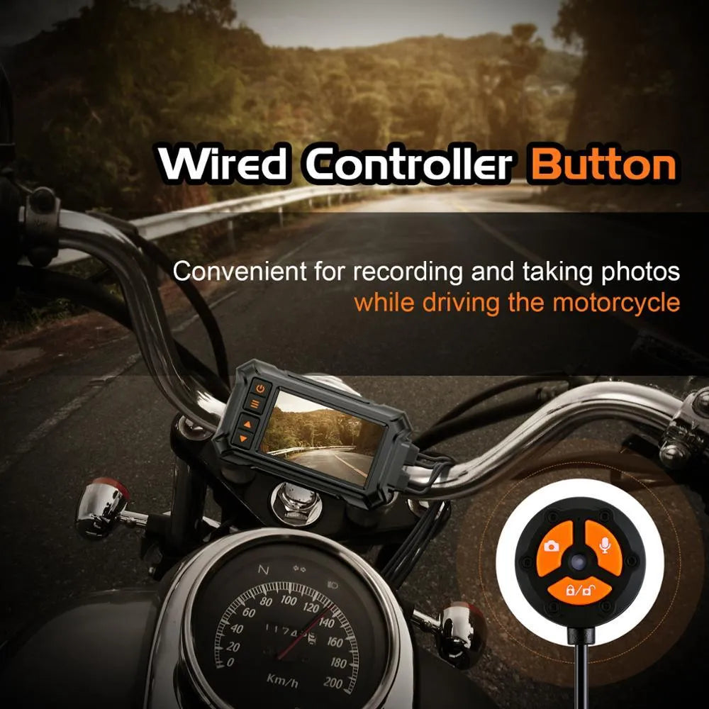 Motorcycle tachograph with dual lenses, GPS module, and waterproof housing, measuring 120mm x 64mm x 25mm