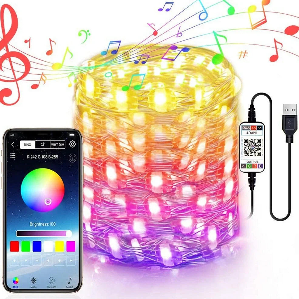 APP Bluetooth copper wire light string with 100 LED lights showing colour-changing pattern