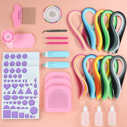 Paper craft kit showing gradient colour paper packs, paper winding disc, wave shaper, and tools in storage box