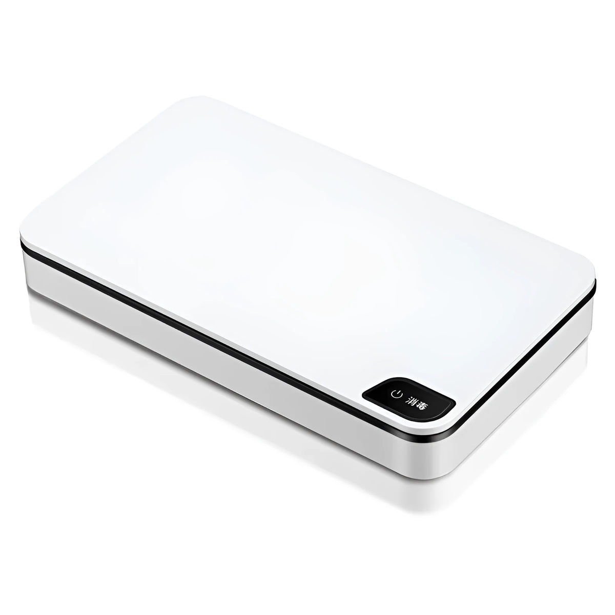 White multifunctional wireless phone charger and ultraviolet air steriliser unit with remote control.