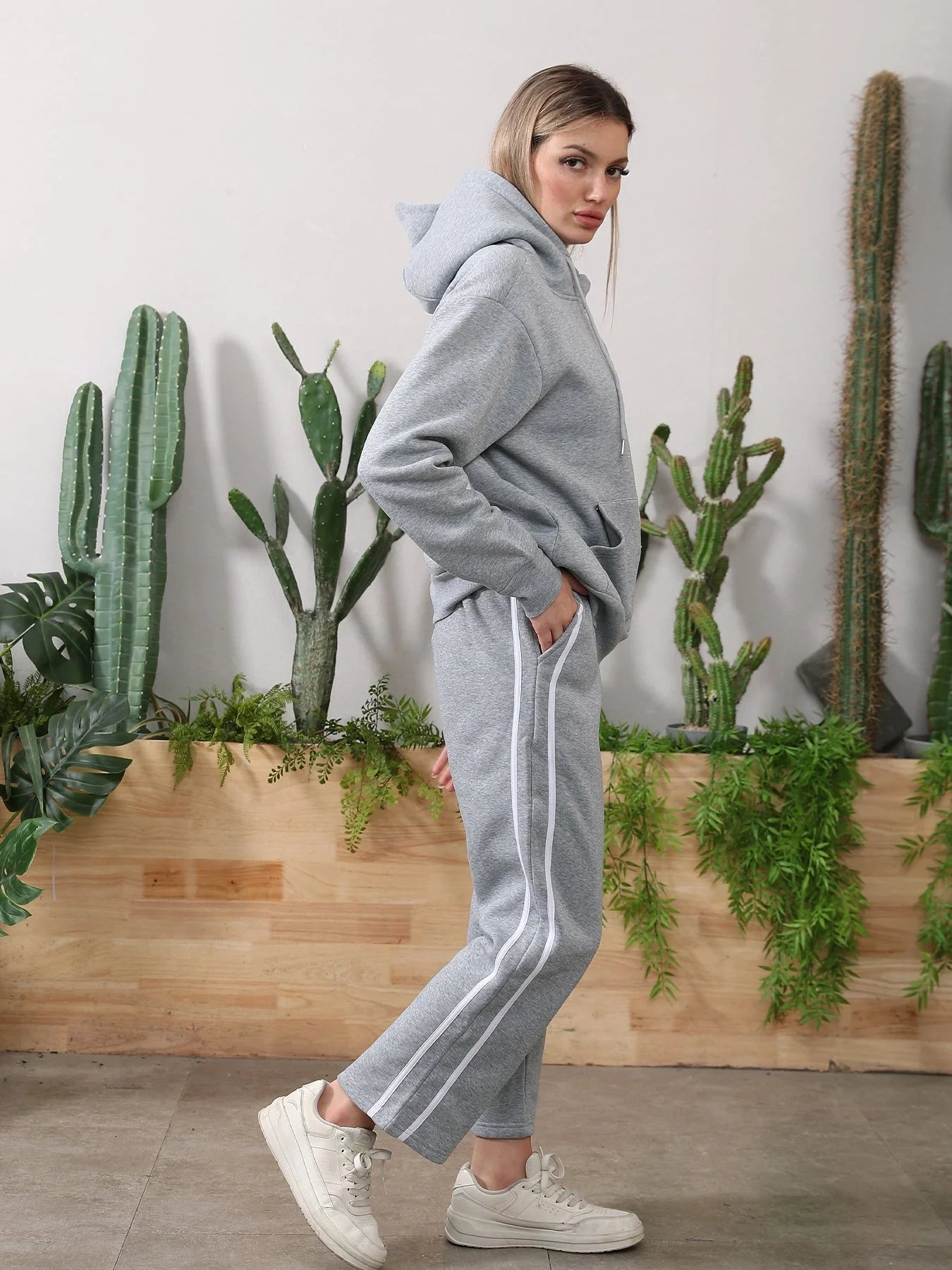 Cozy and comfortable women's hooded sweatshirt set in black and gray colors