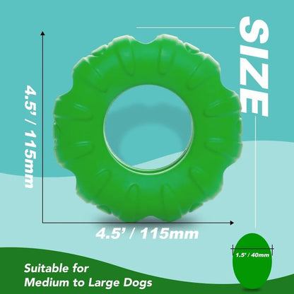Blue tyre-shaped dog chew toy with oval openings, made from natural rubber for slow feeding