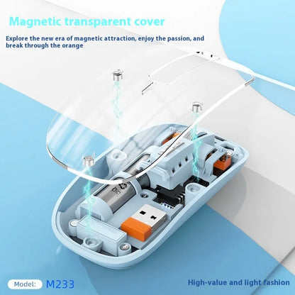 Transparent wireless computer mouse showing internal components with USB connection