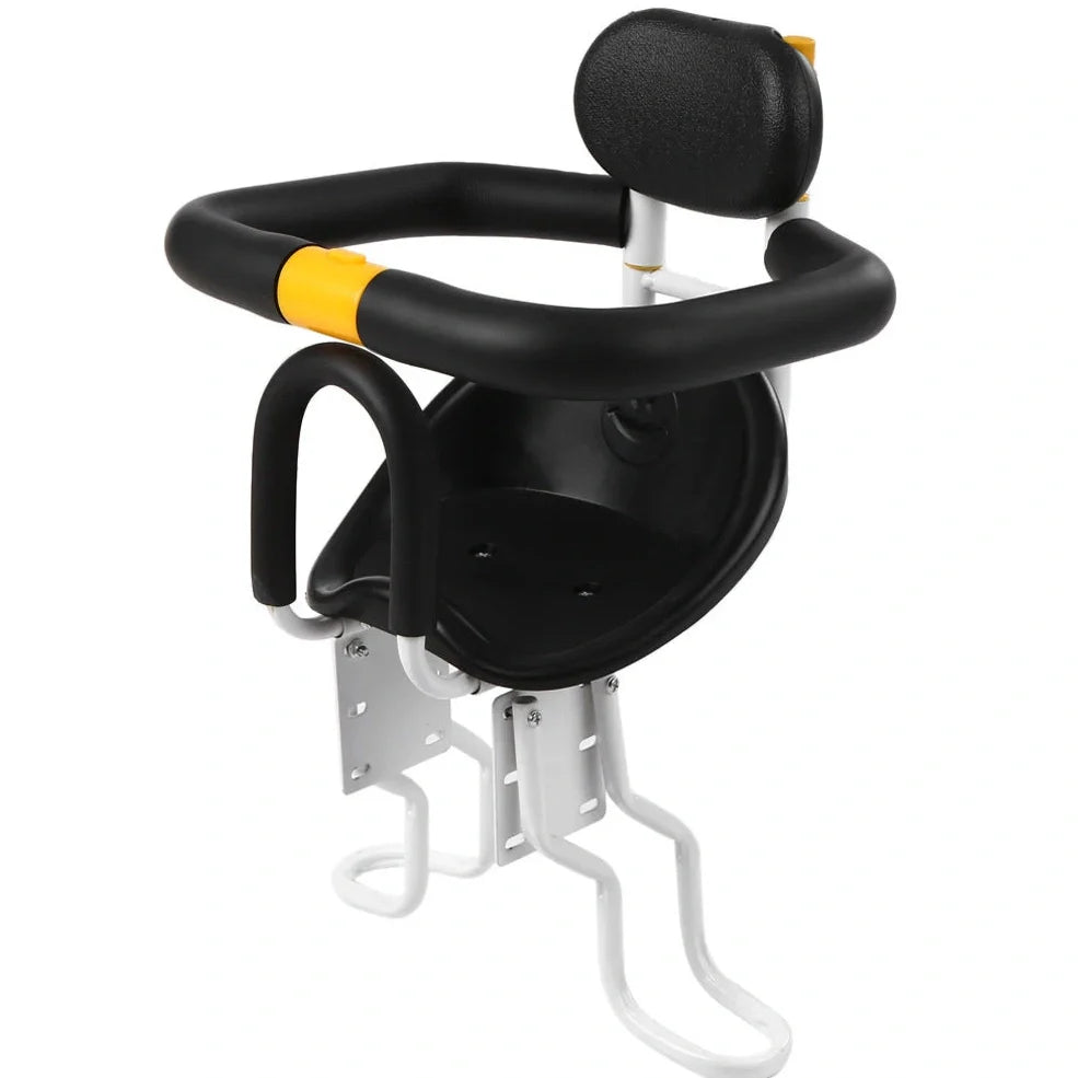 Front-mounted bicycle child seat with steel frame construction in black colour