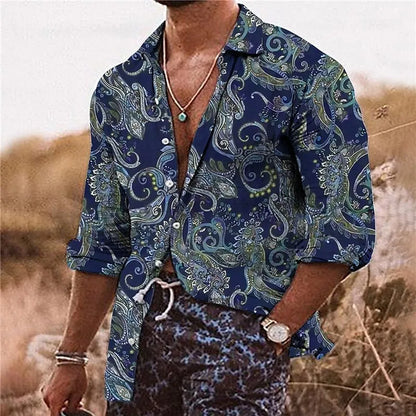 Men's loose fit polyester shirt with floral 3D pattern in bohemian style for business casual wear