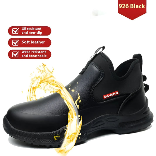 Men's black high-cut waterproof chef work shoes with anti-slip rubber soles on a kitchen floor