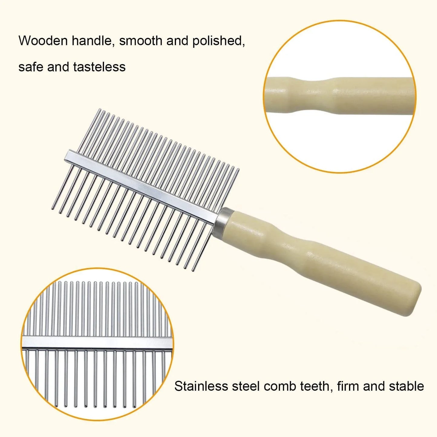Wooden handle pet grooming comb with rounded needles for dogs and cats on a neutral background