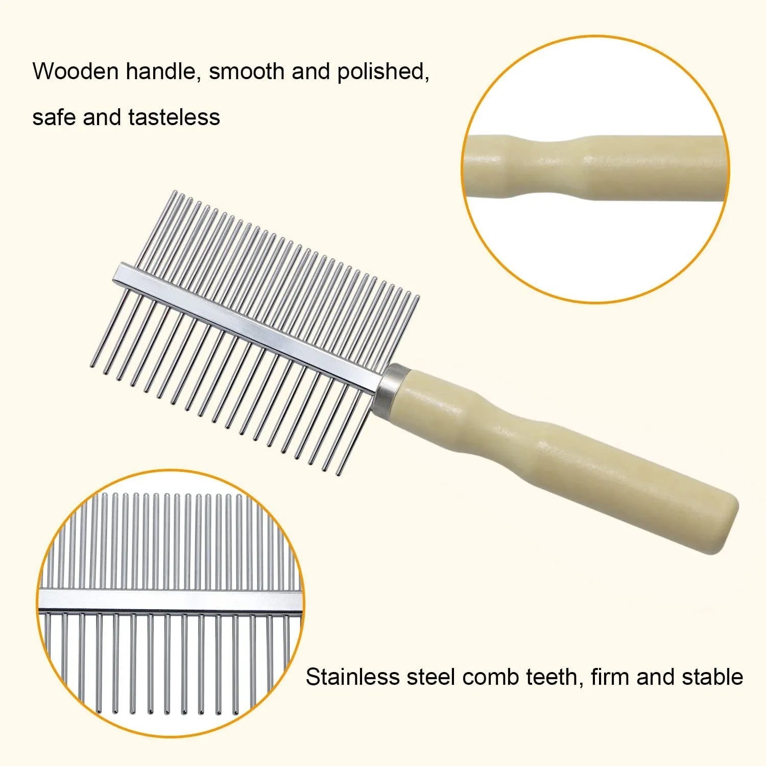 Wooden handle pet grooming comb with rounded needles for dogs and cats on a neutral background