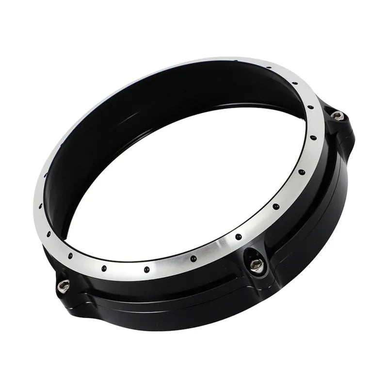 Black CNC aluminium headlight protective frame for BMW R NineT Scrambler motorcycle.