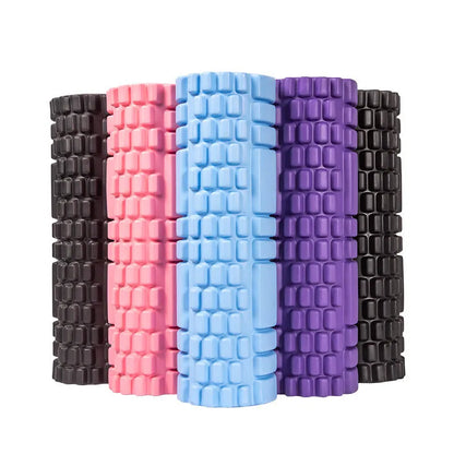 EVA foam roller in black, grey, pink, sky blue, or light purple, showing cylindrical shape for fitness recovery