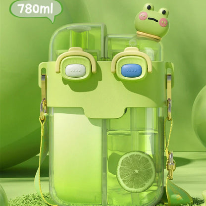 Plastic water bottle with spring cover in coral pink, measures 11.3x20.5x7cm