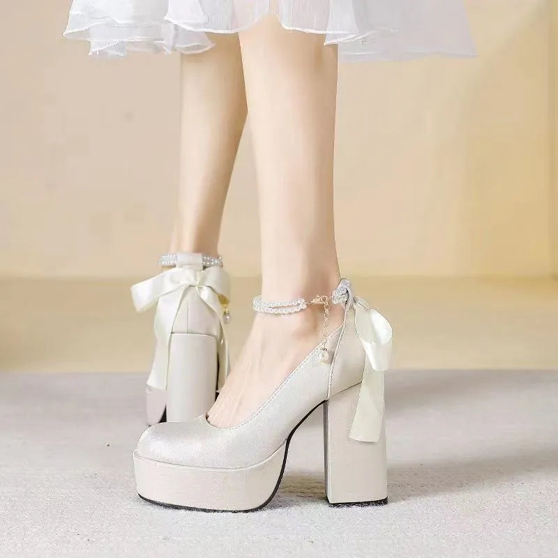 Women's waterproof platform wedding shoes with thick chunky heels in wine red colour with buckle detail
