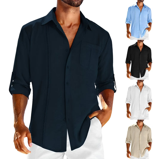 Men's casual long sleeve cotton blend shirt with polo collar, chest pocket, and lace trim detail in solid colours