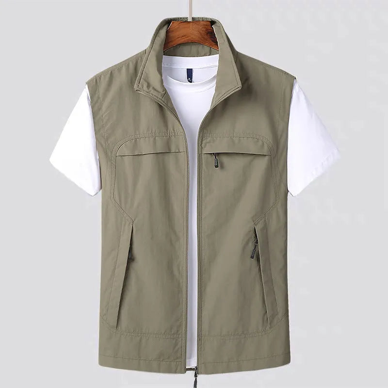 Striped waterproof hooded vest with multiple patch pockets on a mannequin.