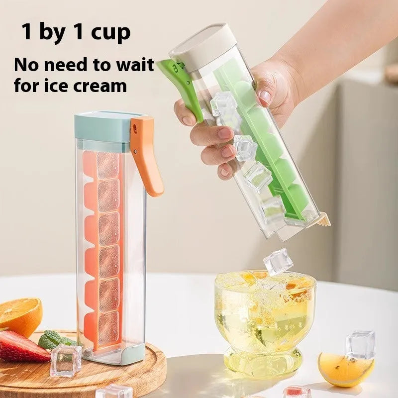 Blue press-release ice cube tray with storage box on a kitchen counter